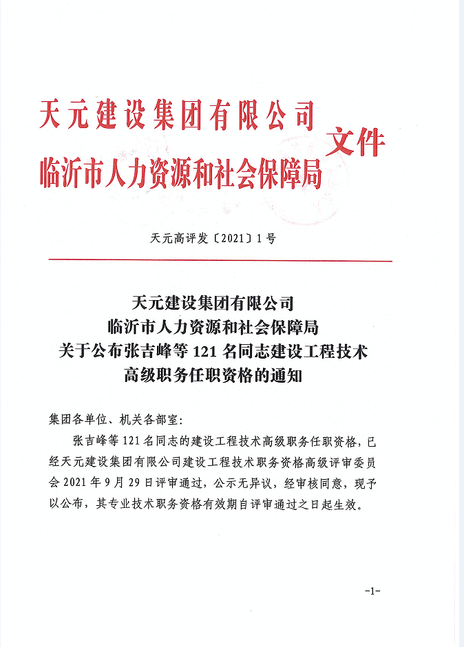 关于公布张吉峰等121名同志建设工程技术高级职务任职资格的通知(图1)